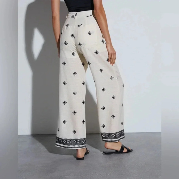 Fore Linen Straight Leg Embroidered Print Pants Resortwear boho tropical summer - Picture 5 of 13